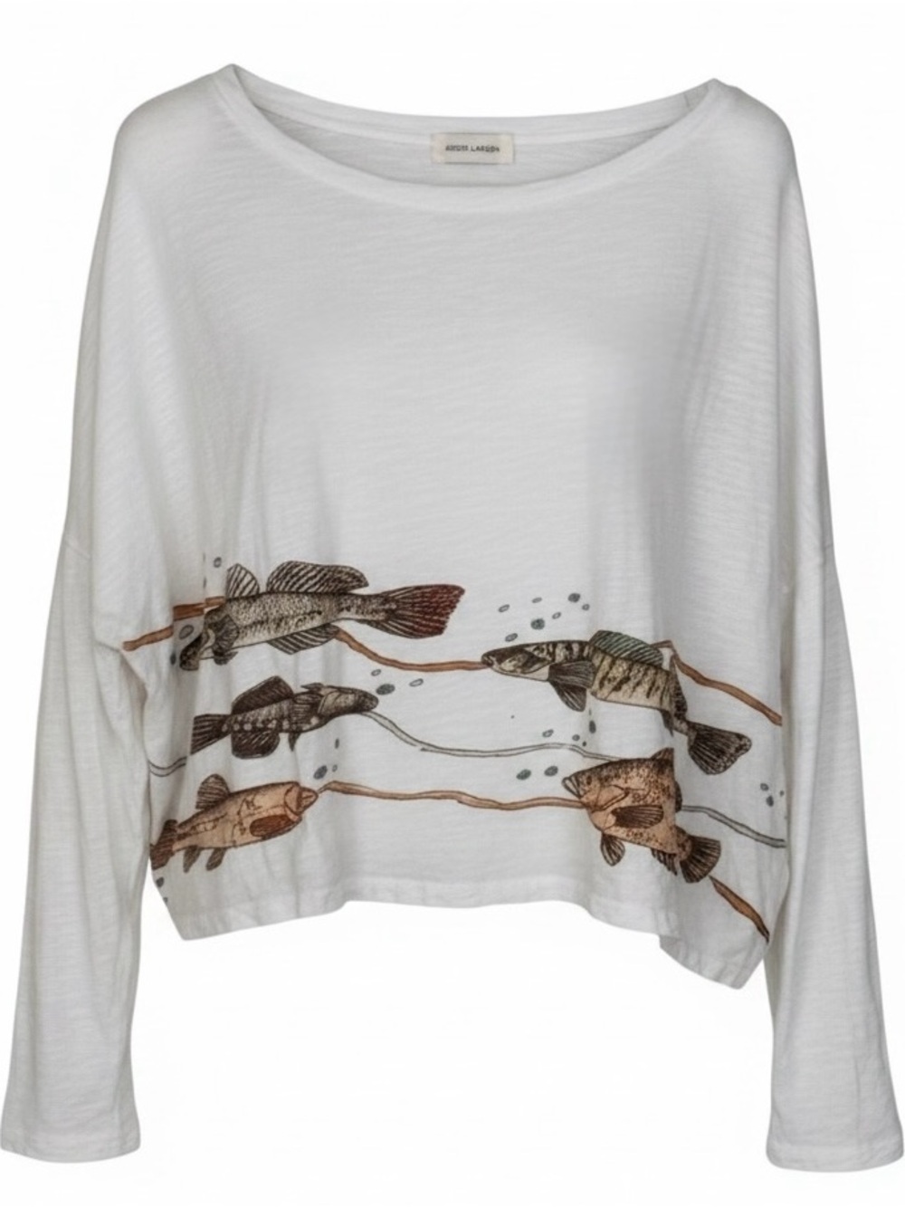 Krista Larson Fish Print Oversize Cotton Slub Top Lagenlook Artsy Boxy Crop